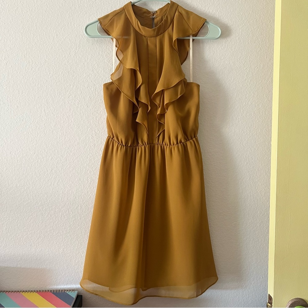 Mustard Yellow BCBGeneration Ruffle Cocktail Party Dress